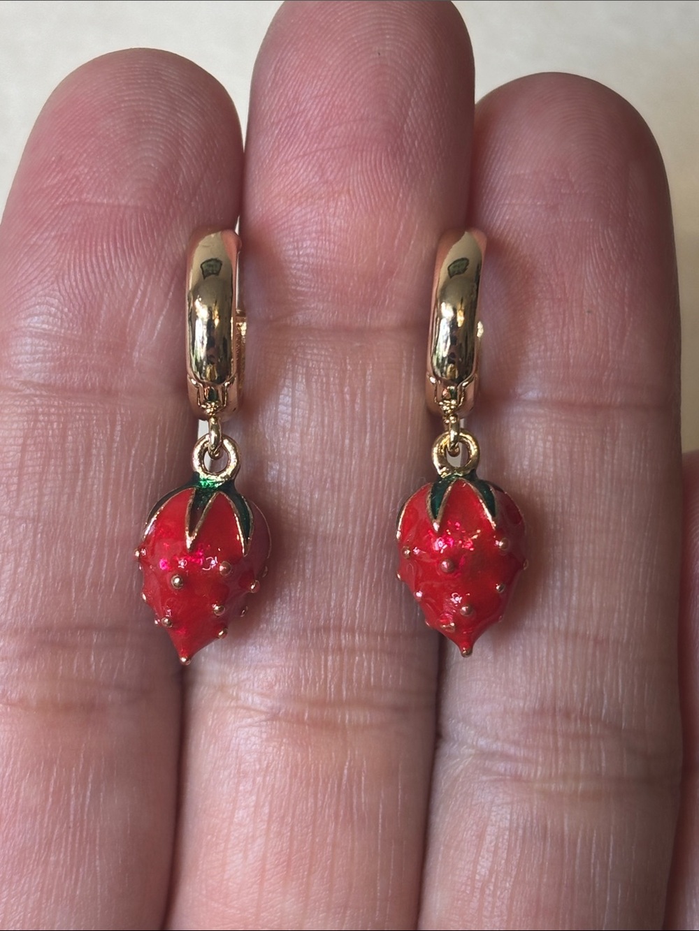 Enamel Strawberry Hoop Earrings 18K Yellow Gold Filled